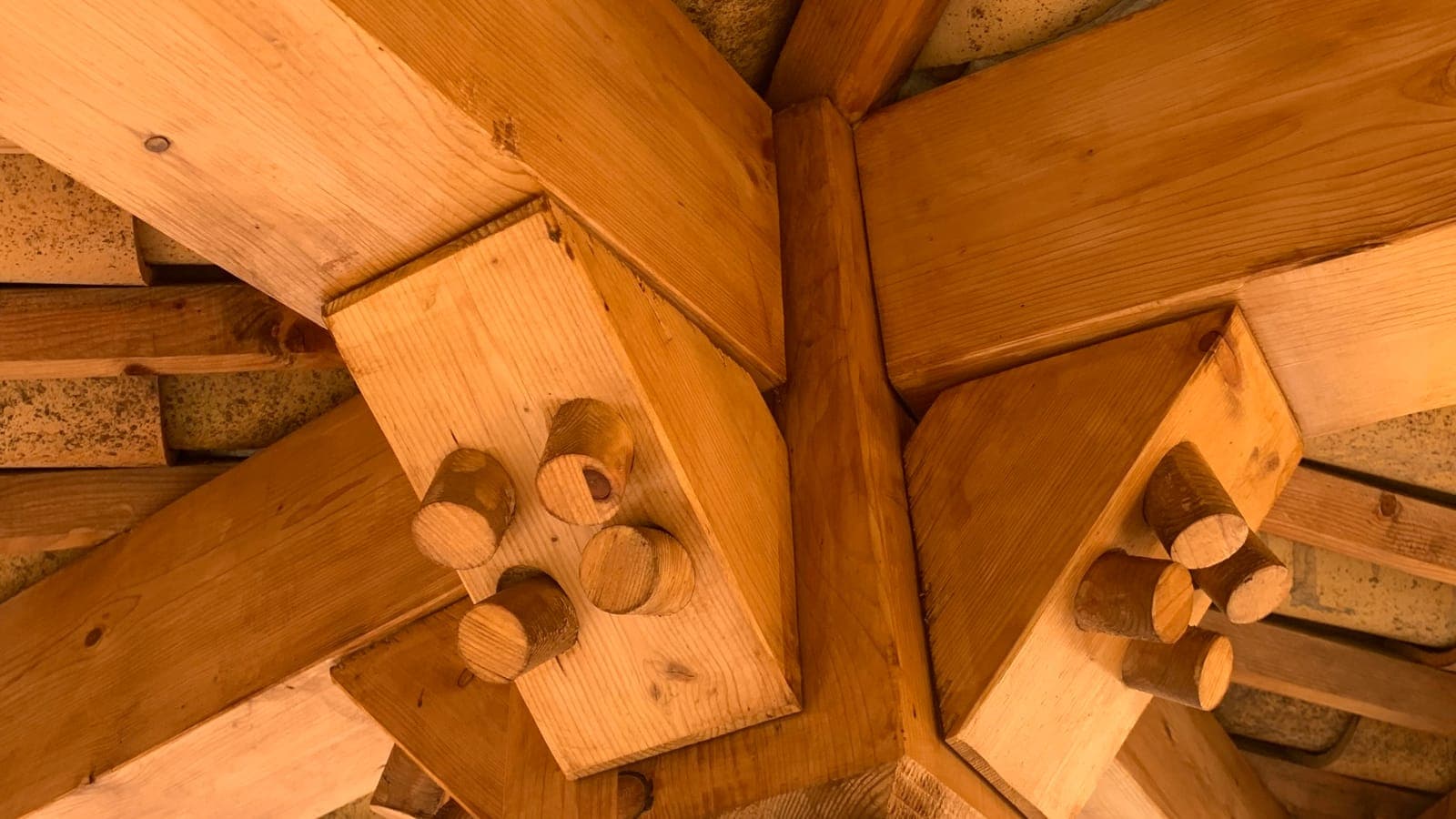 Assemblage chevillé d'une charpente en bois clair vu d'en dessous